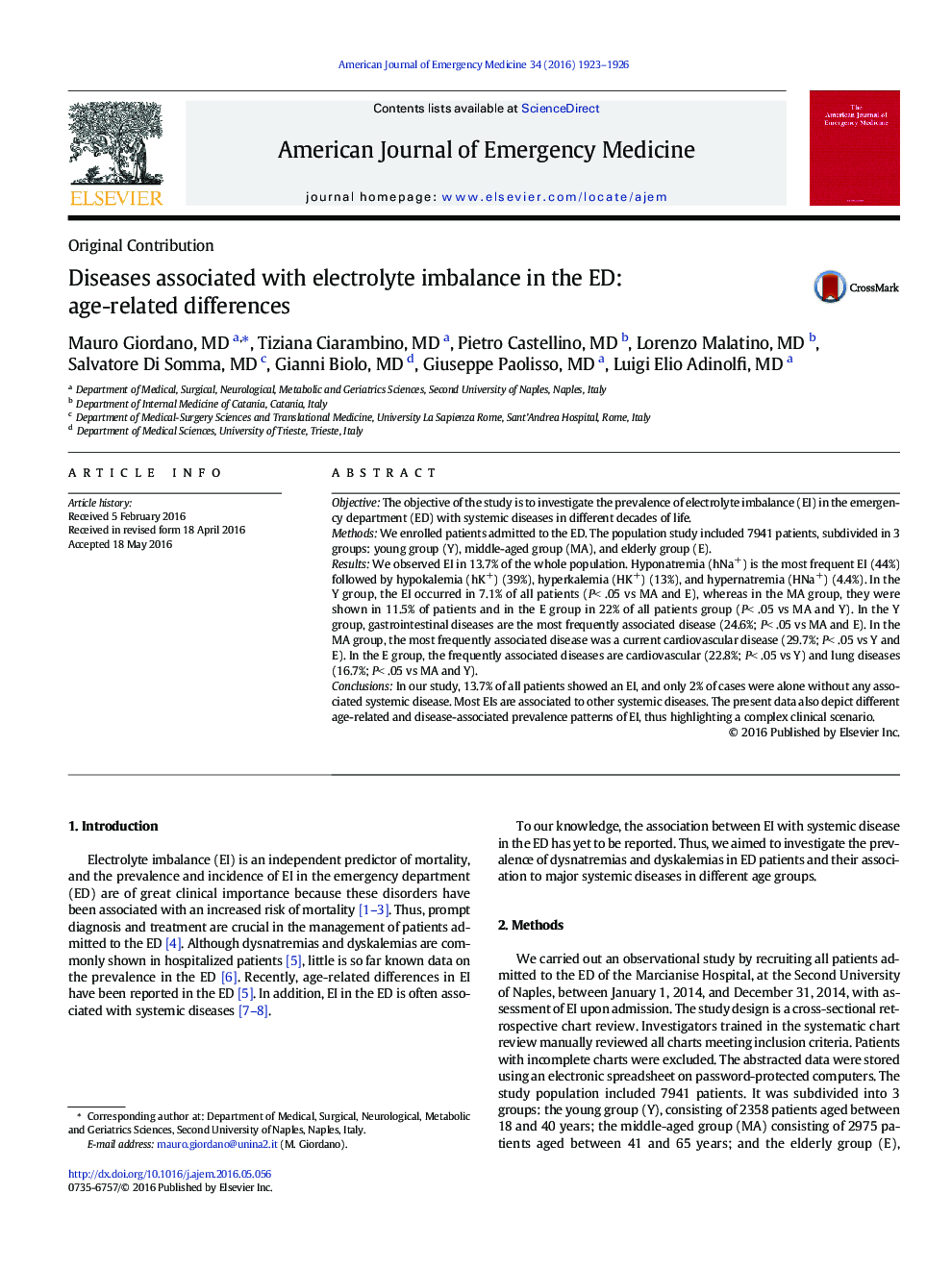 Diseases associated with electrolyte imbalance in the ED: age-related differences