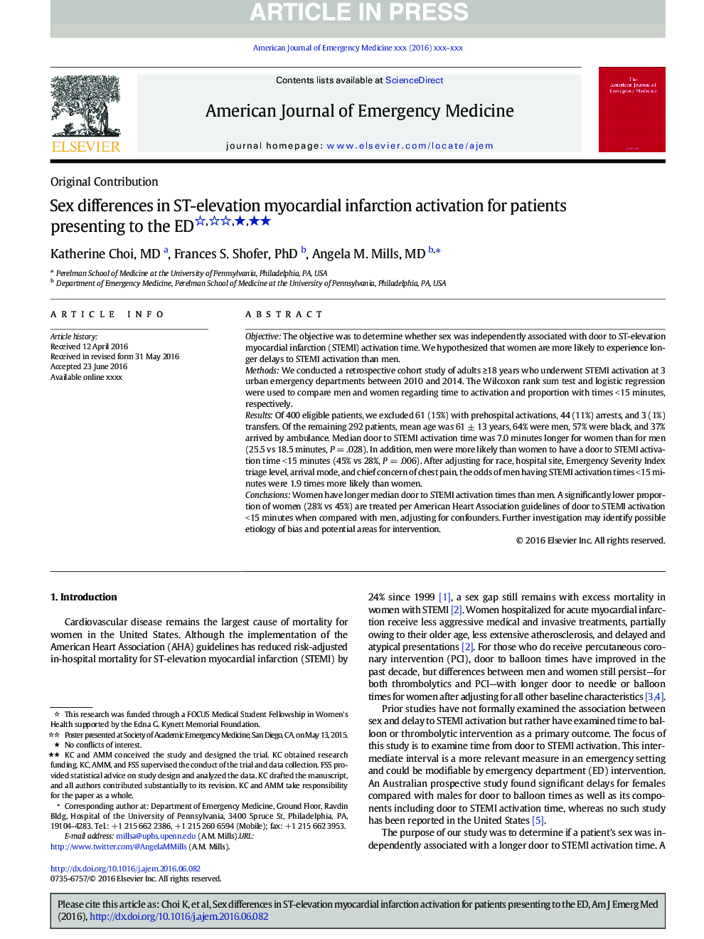 عکس صفحه اول مقاله: Sex differences in STEMI activation for patients presenting to the ED 1939 Sex differences in STEMI activation for patients presenting to the ED 1939