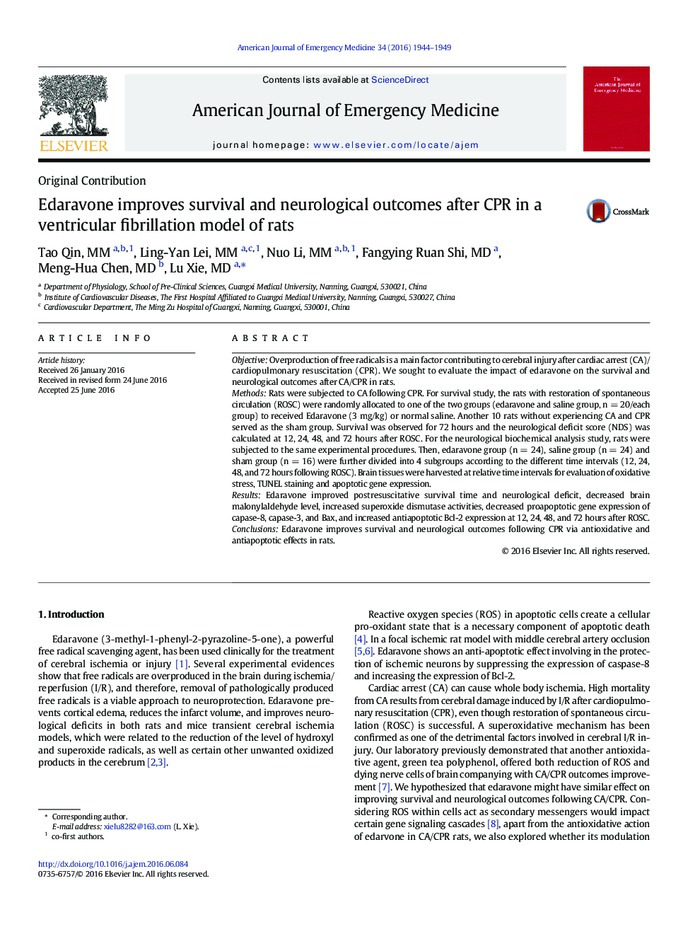 عکس صفحه اول مقاله: Edaravone improves survival and neurological outcomes after CPR in a ventricular fibrillation model of rats Edaravone improves survival and neurological outcomes after CPR in a ventricular fibrillation model of rats