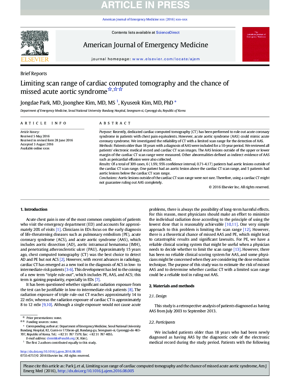 عکس صفحه اول مقاله: Limiting scan range of cardiac CT and the chance of missed acute aortic syndrome Limiting scan range of cardiac CT and the chance of missed acute aortic syndrome