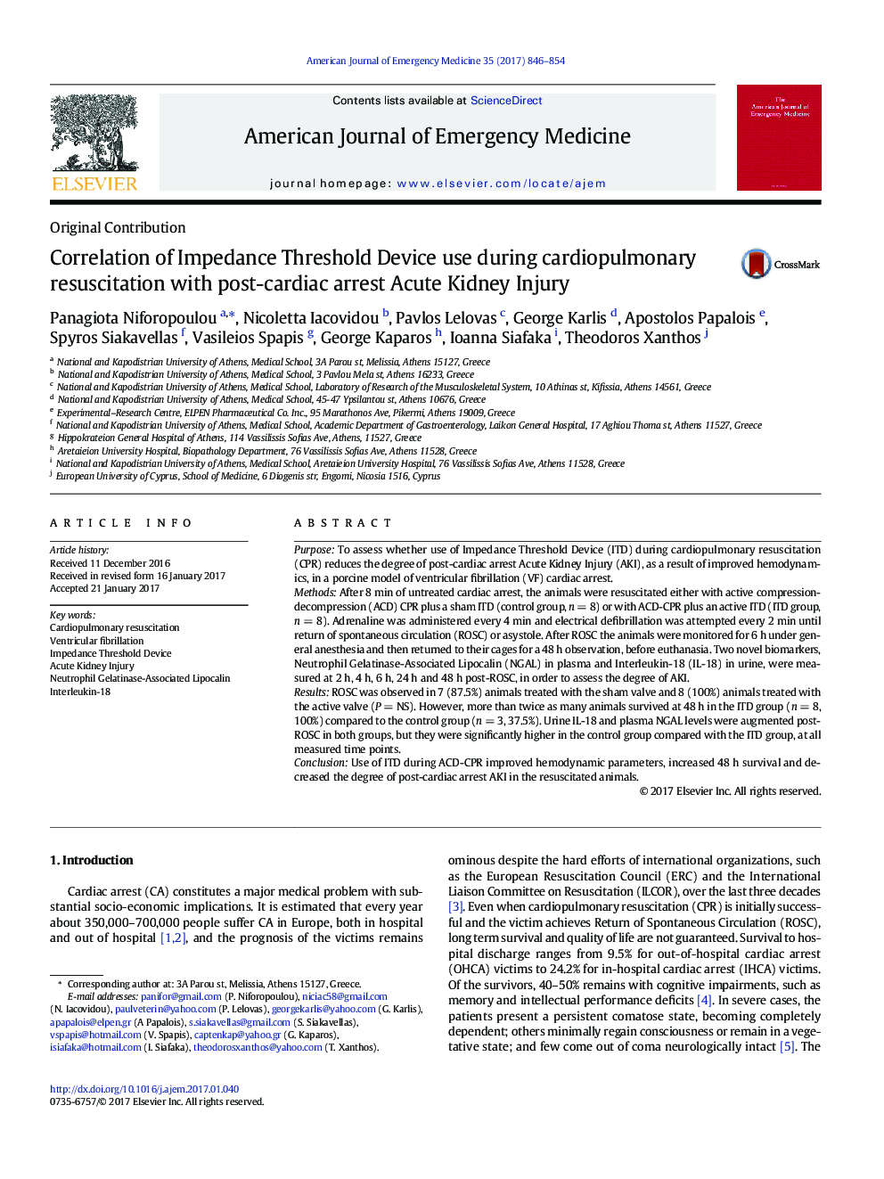 Correlation of Impedance Threshold Device use during cardiopulmonary resuscitation with post-cardiac arrest Acute Kidney Injury