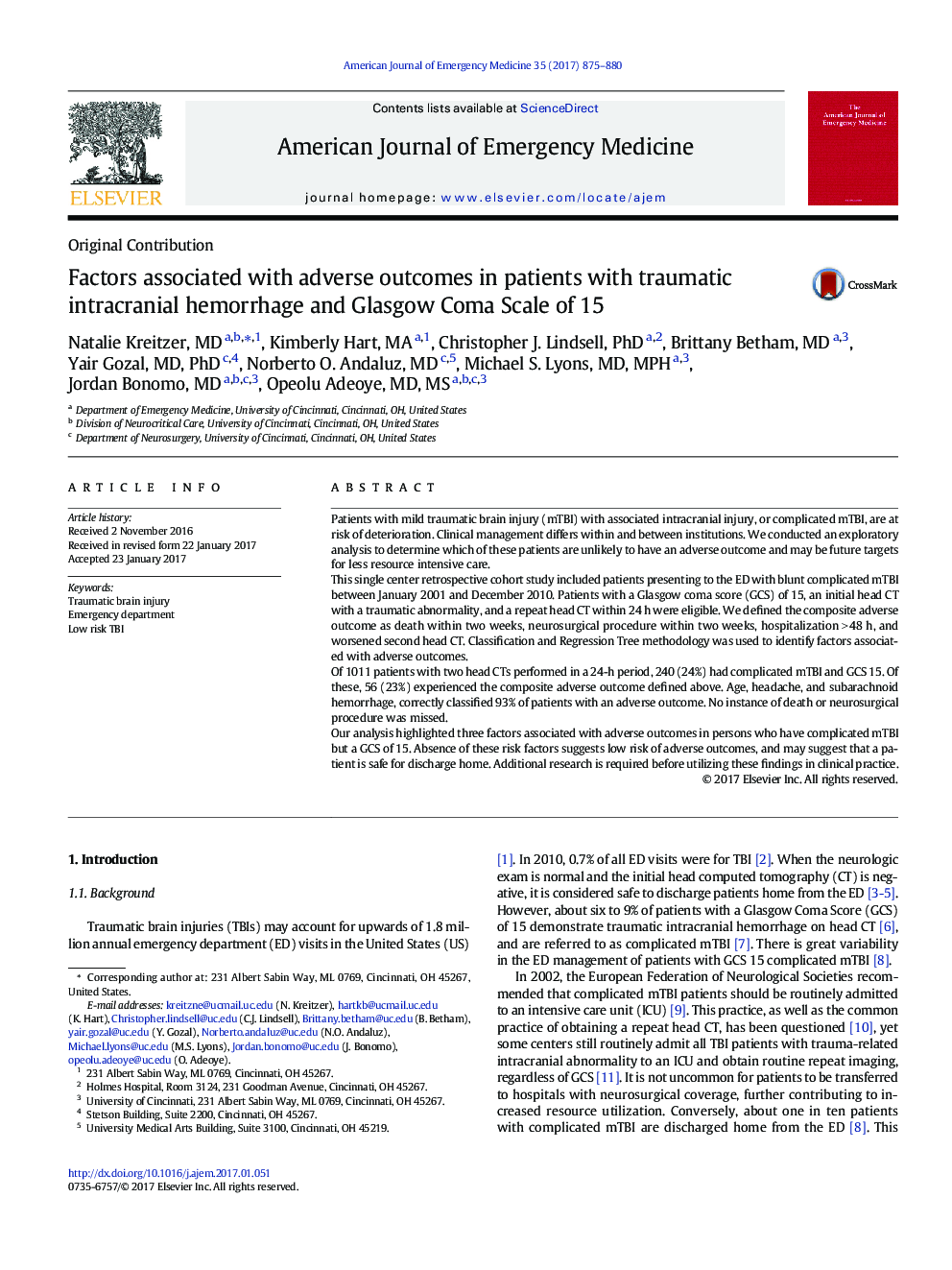 Factors associated with adverse outcomes in patients with traumatic intracranial hemorrhage and Glasgow Coma Scale of 15