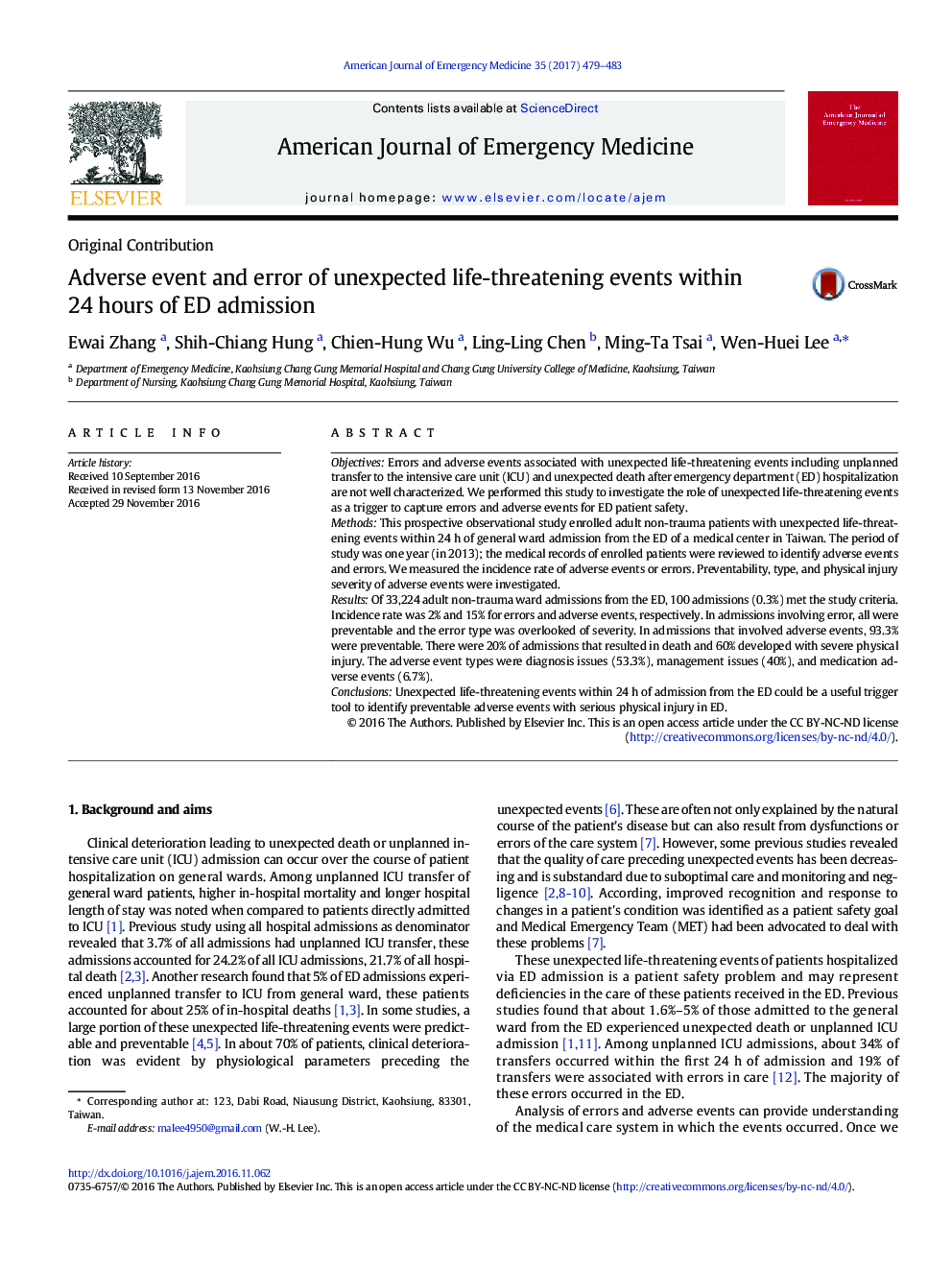 Adverse event and error of unexpected life-threatening events within 24 hours of ED admission