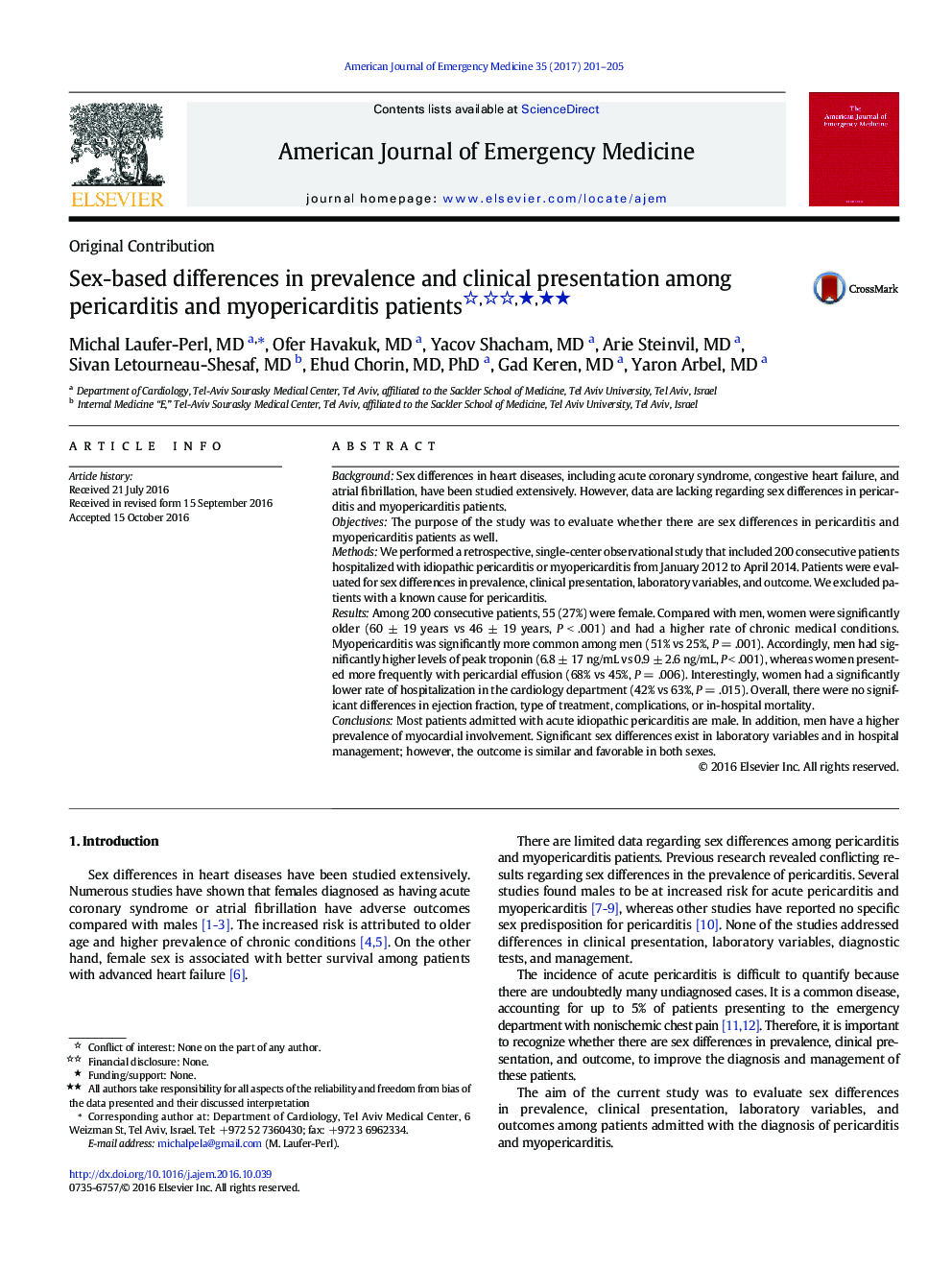 Sex-based differences in prevalence and clinical presentation among pericarditis and myopericarditis patientsâââ