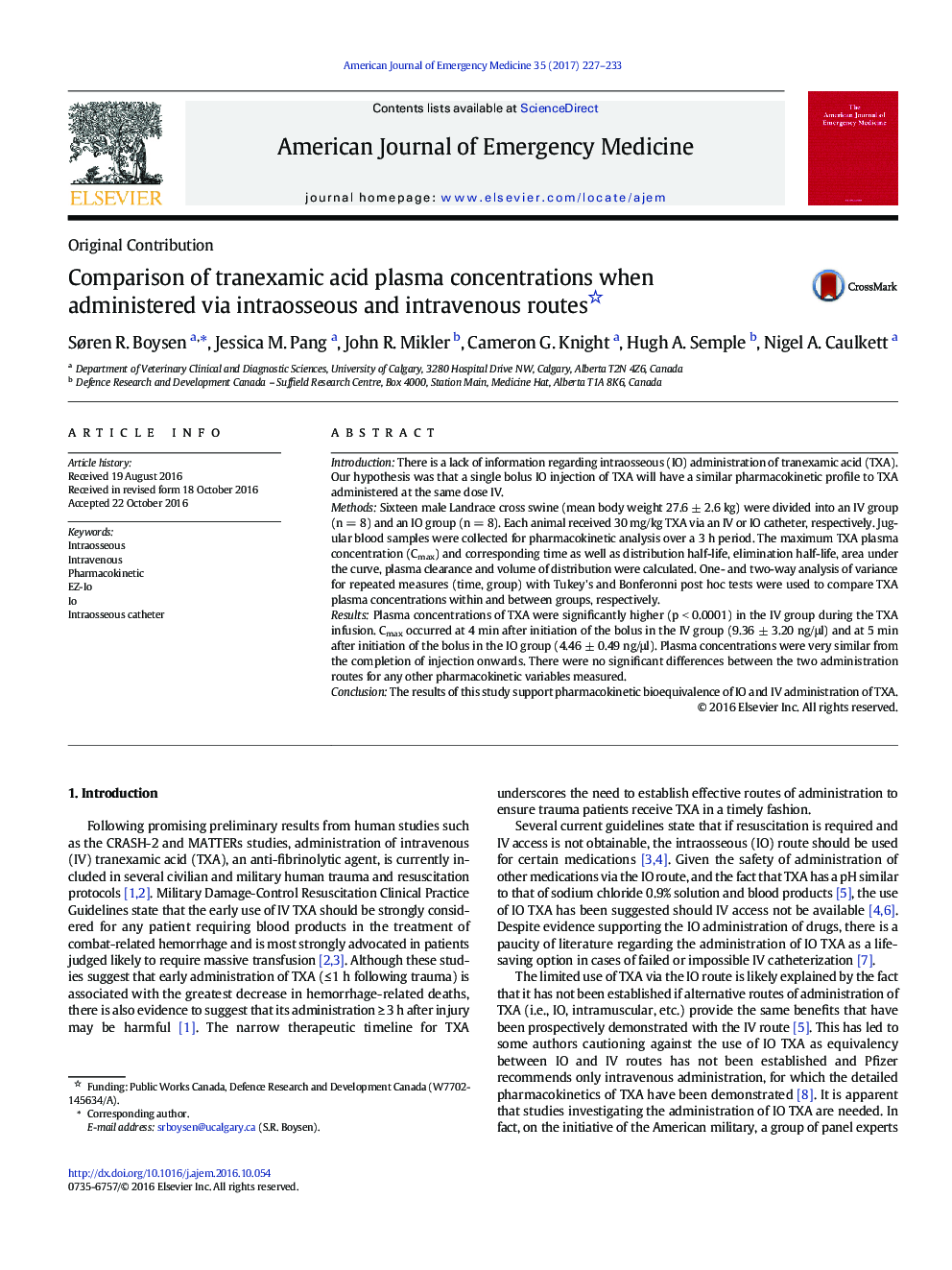 Comparison of tranexamic acid plasma concentrations when administered via intraosseous and intravenous routes