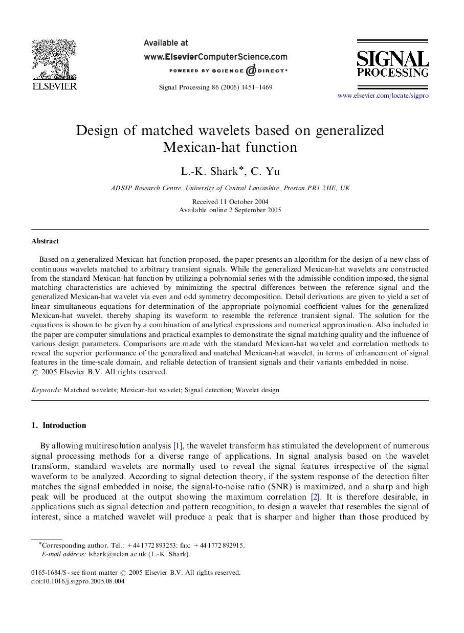 Design of matched wavelets based on generalized Mexican-hat function