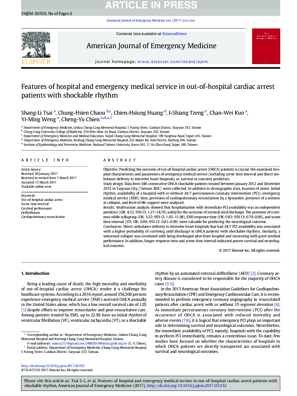 Features of hospital and emergency medical service in out-of-hospital cardiac arrest patients with shockable rhythm