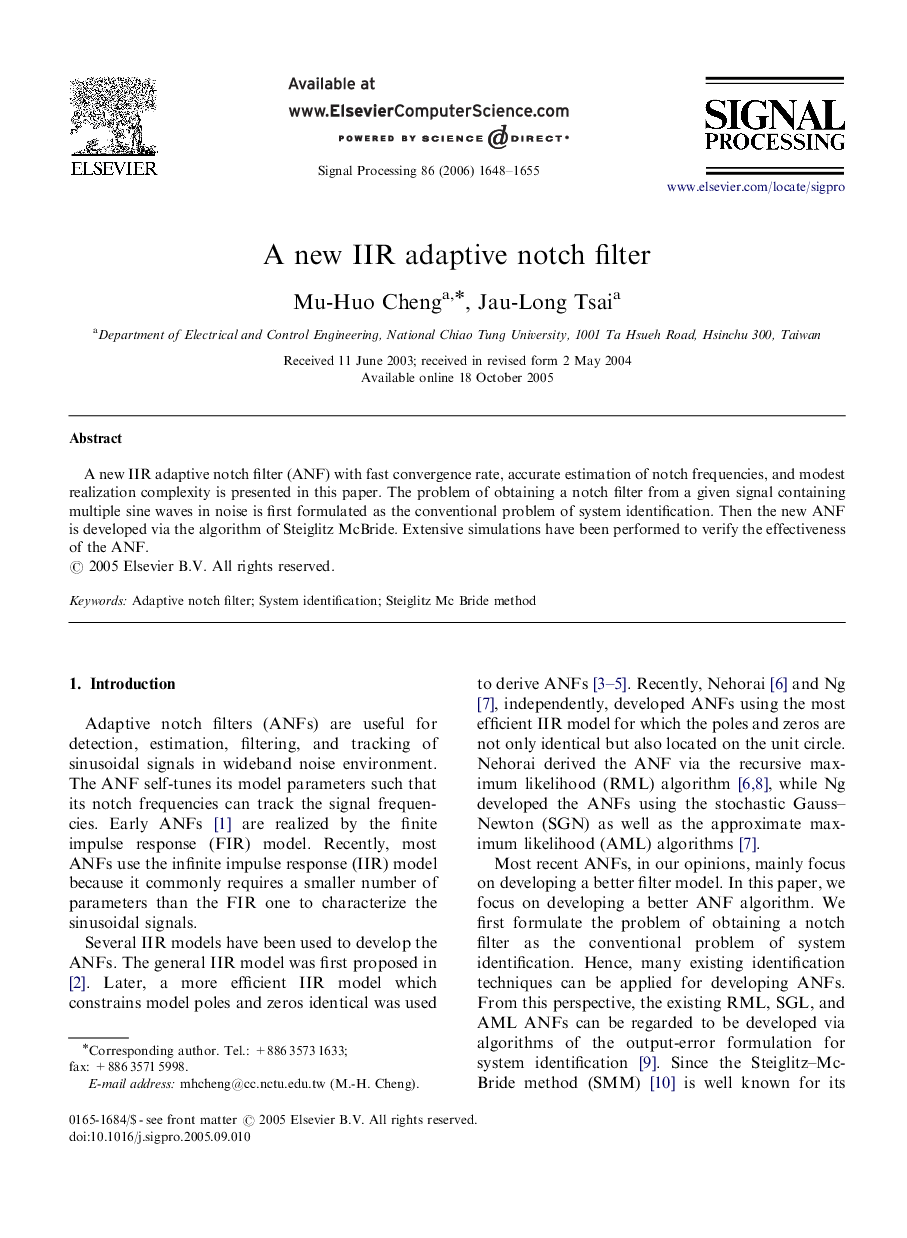 A new IIR adaptive notch filter