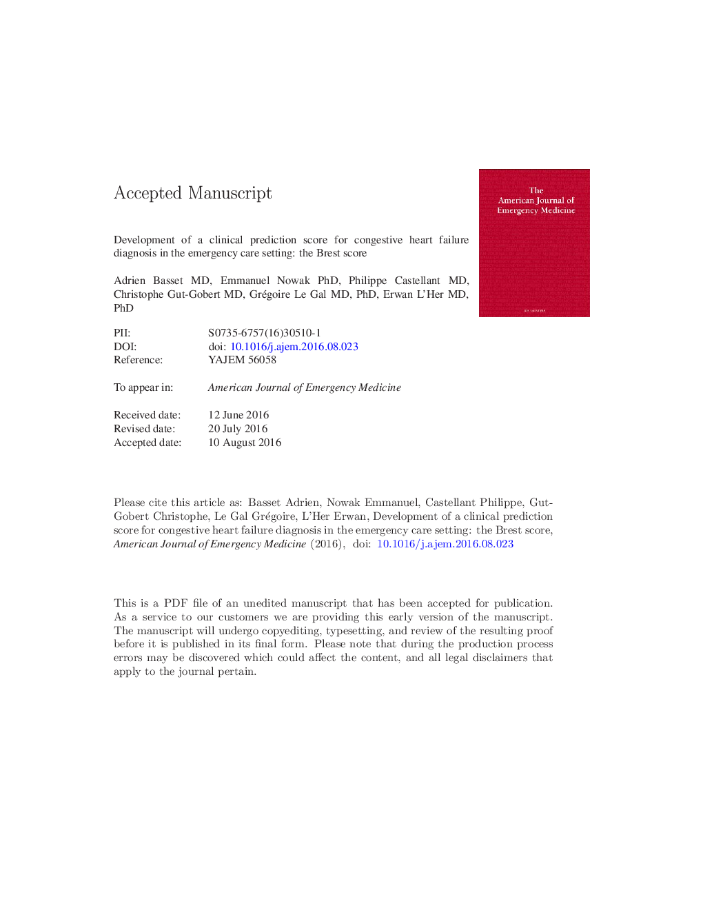 Development of a clinical prediction score for congestive heart failure diagnosis in the emergency care setting: The Brest score