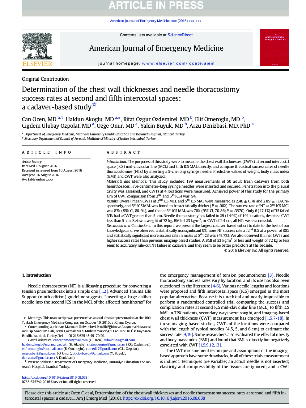 Determination of the chest wall thicknesses and needle thoracostomy success rates at second and fifth intercostal spaces: a cadaver-based study