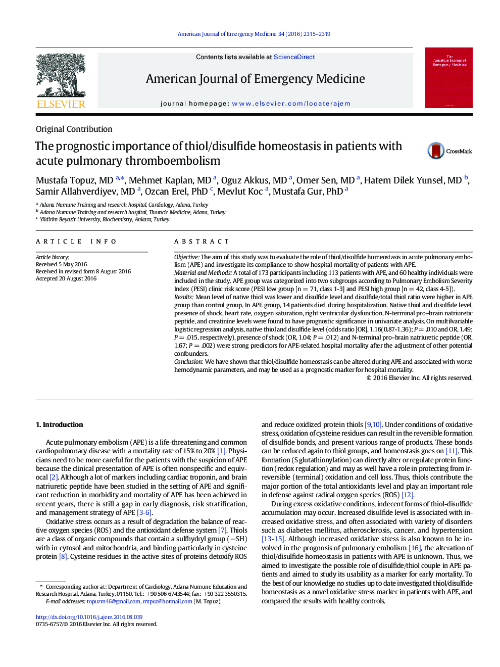 The prognostic importance of thiol/disulfide homeostasis in patients with acute pulmonary thromboembolism