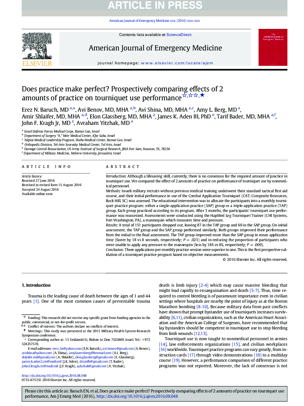 Does practice make perfect? Prospectively comparing effects of 2 amounts of practice on tourniquet use performance