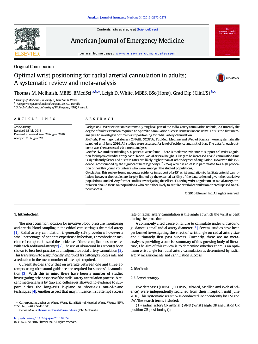 Optimal wrist positioning for radial arterial cannulation in adults: A systematic review and meta-analysis