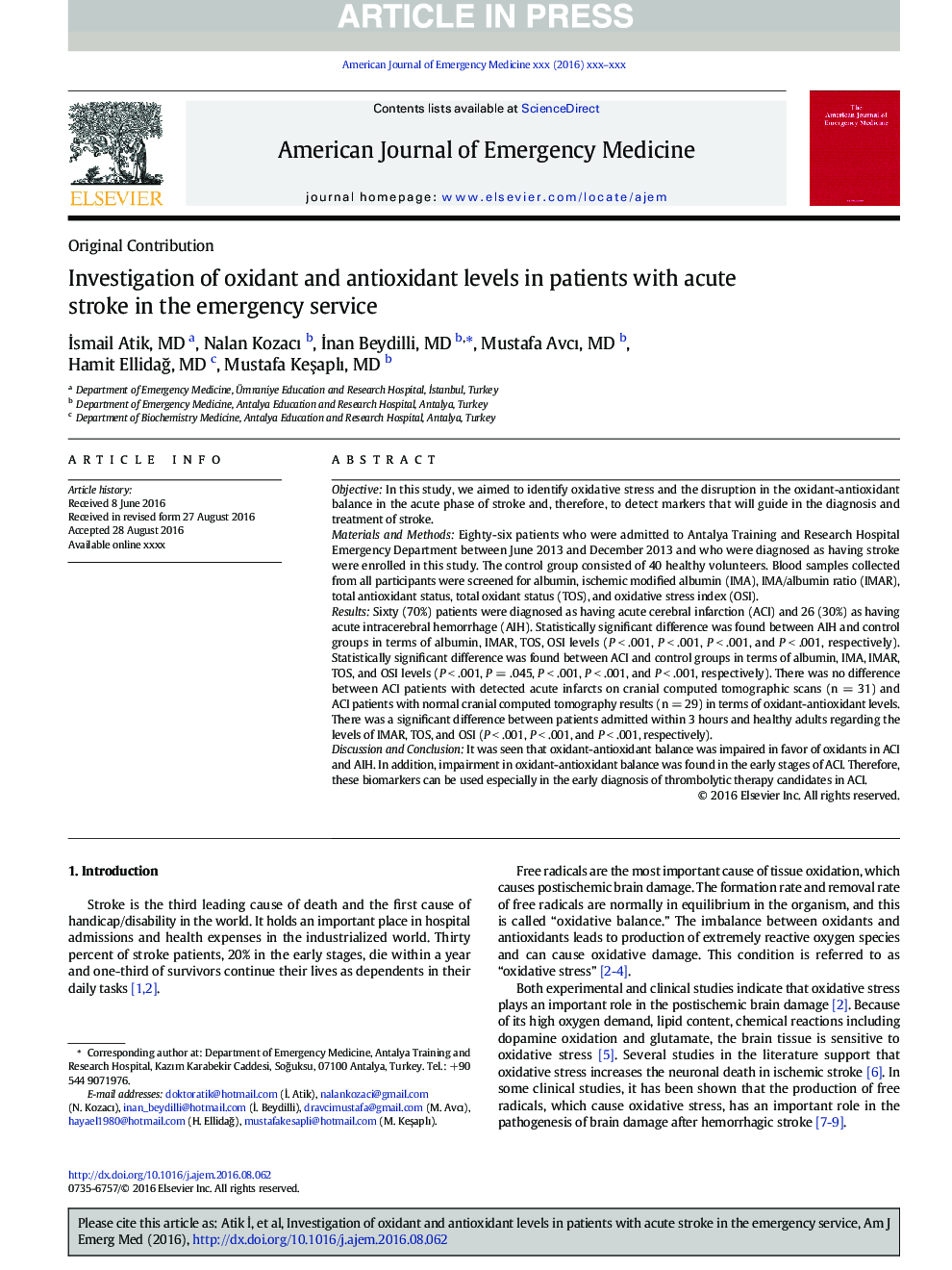 Investigation of oxidant and antioxidant levels in patients with acute stroke in the emergency service