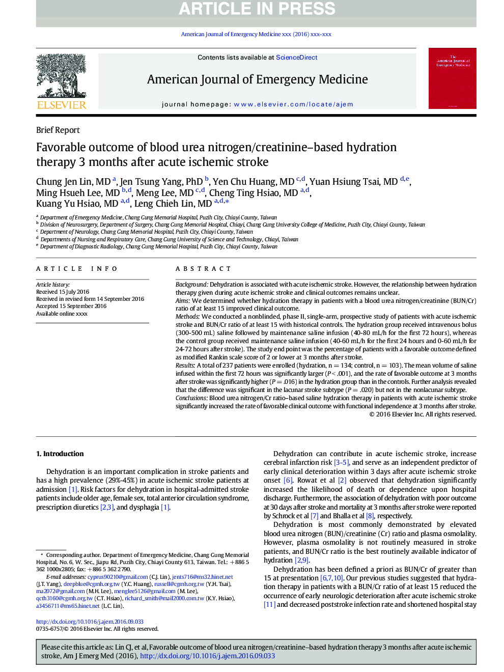 Favorable outcome of blood urea nitrogen/creatinine-based hydration therapy 3 months after acute ischemic stroke