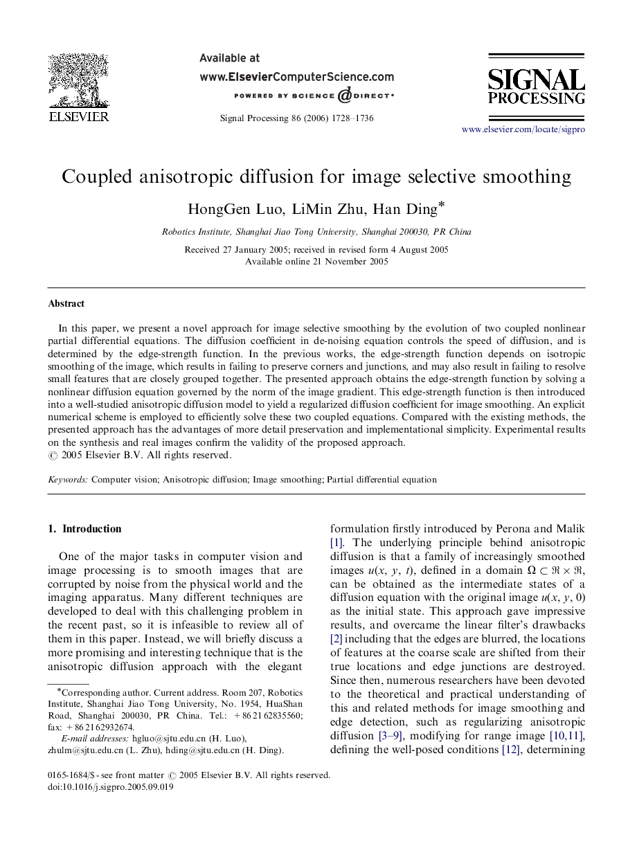 Coupled anisotropic diffusion for image selective smoothing
