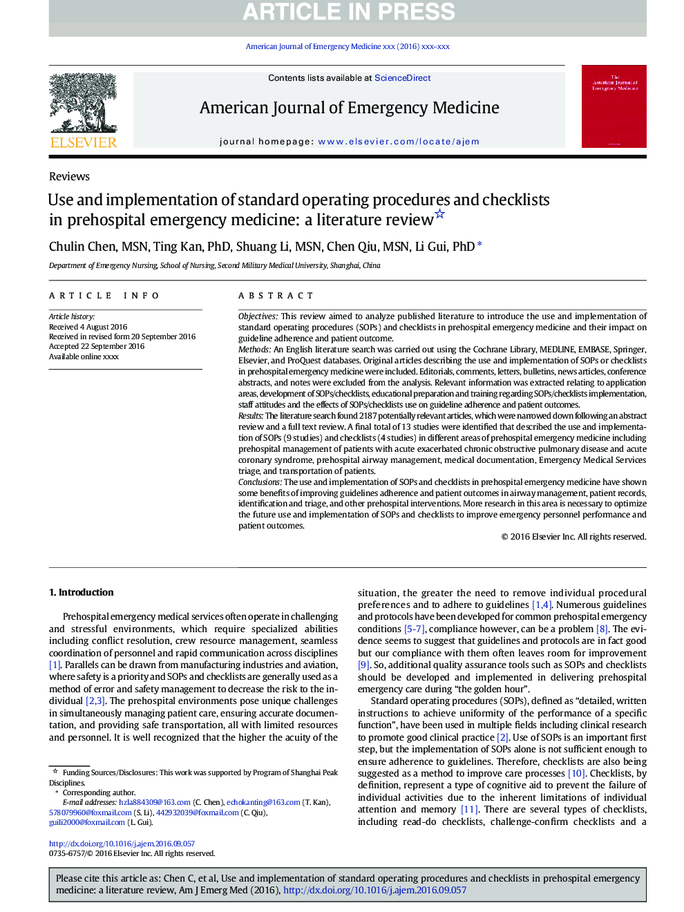 Use and implementation of standard operating procedures and checklists in prehospital emergency medicine: a literature review