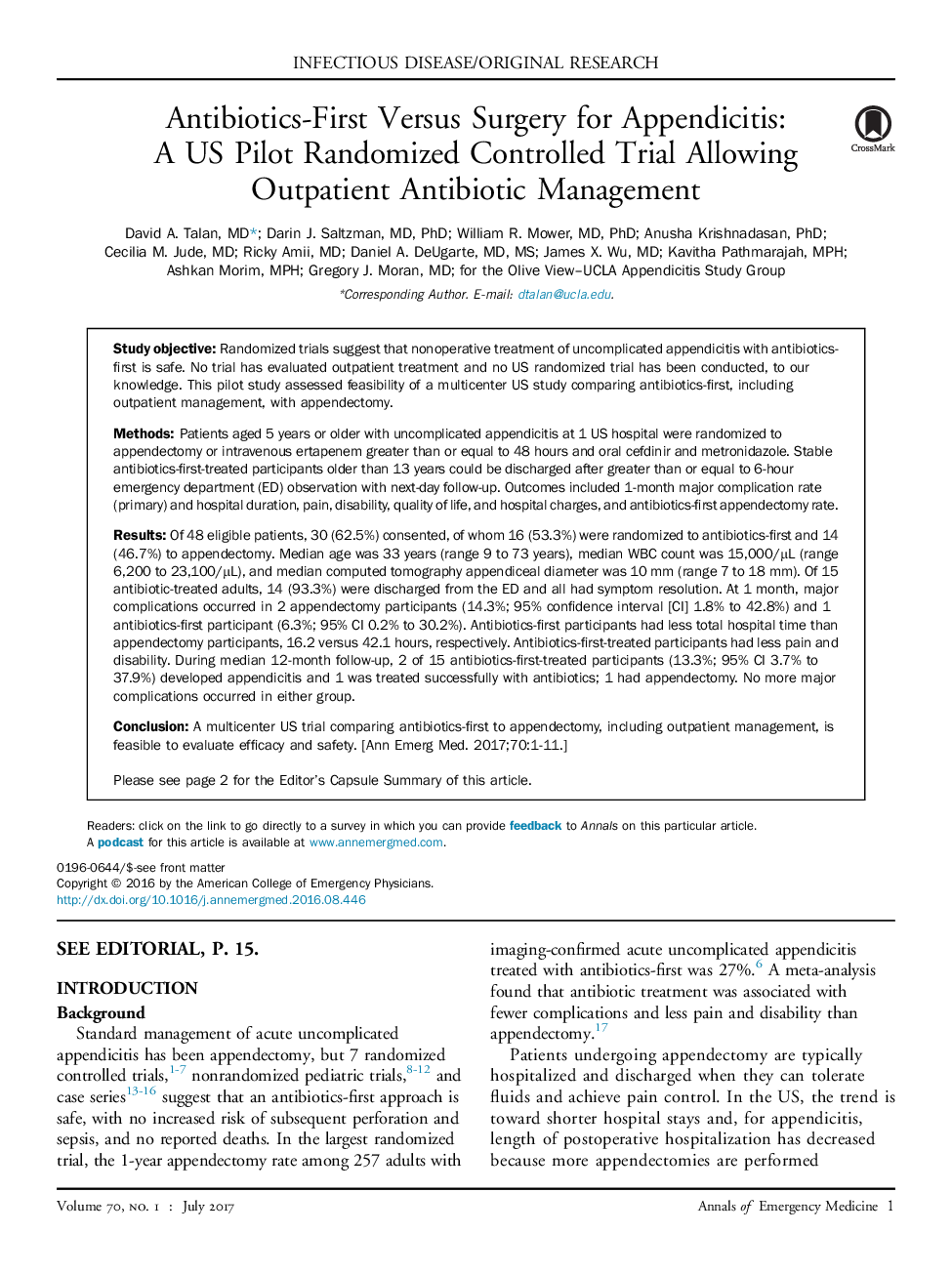 Antibiotics-First Versus Surgery for Appendicitis: AÂ US Pilot Randomized Controlled Trial Allowing Outpatient Antibiotic Management