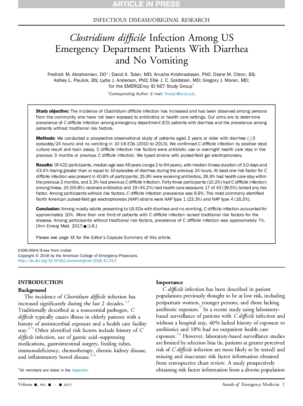 Clostridium difficile Infection Among US Emergency Department Patients With Diarrhea and No Vomiting