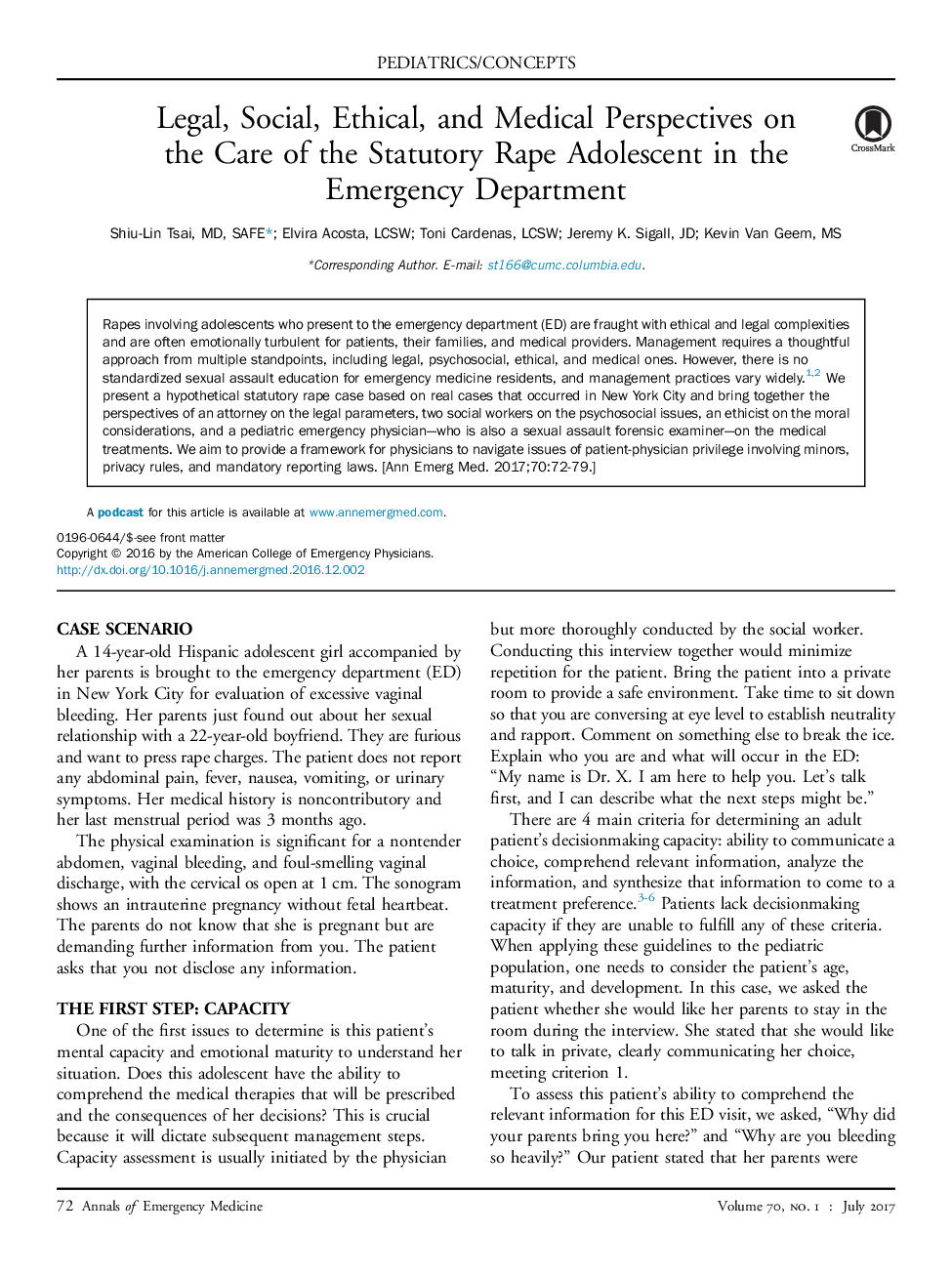 دیدگاههای حقوقی، اجتماعی، اخلاقی و پزشکی در خصوص مراقبت از نوجوانان مجرد قانونی در بخش اورژانس 