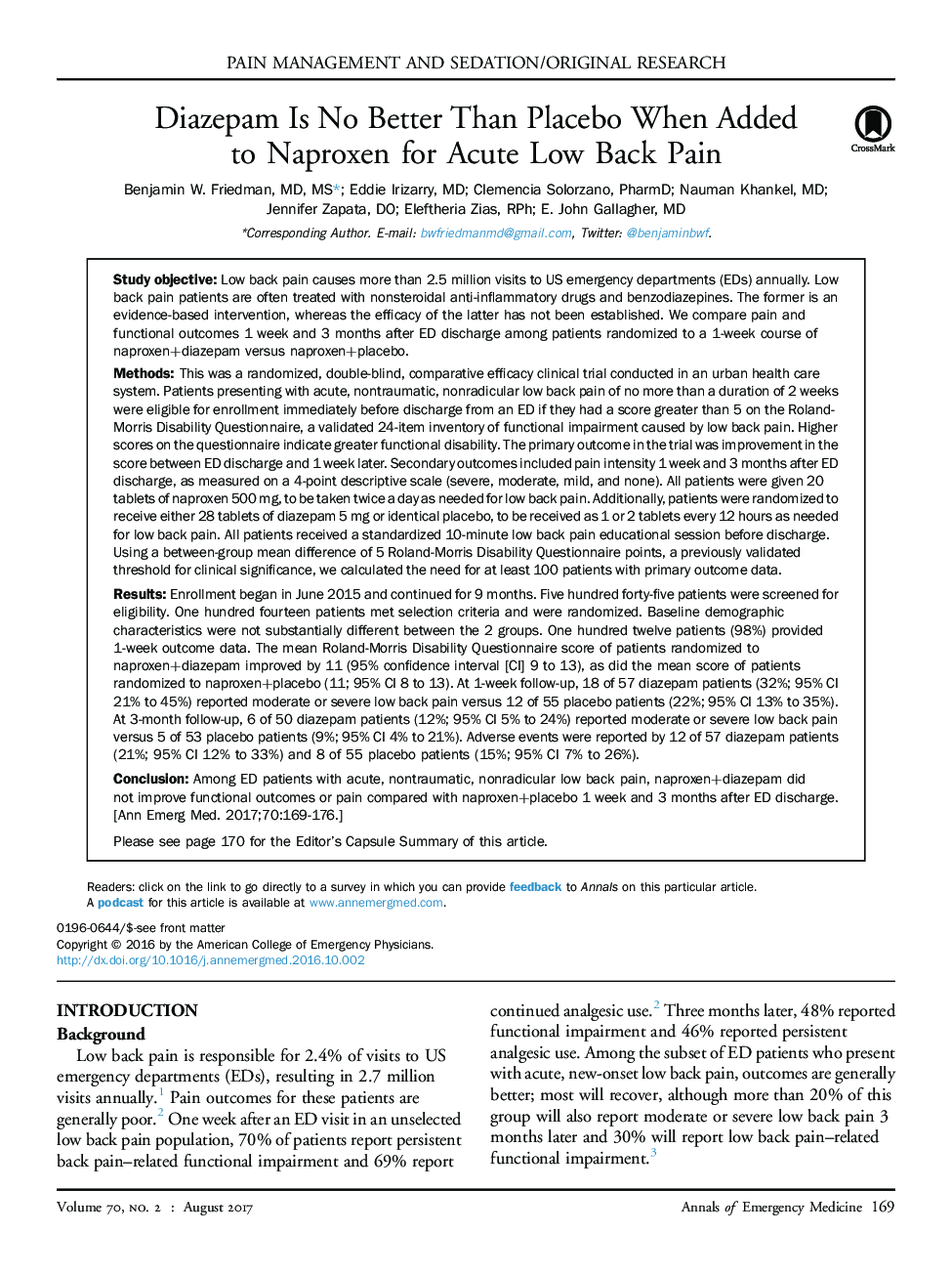 Diazepam Is No Better Than Placebo When Added to Naproxen for Acute Low Back Pain