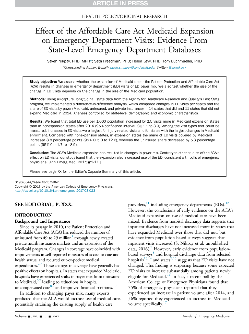 Effect of the Affordable Care Act Medicaid Expansion on Emergency Department Visits: Evidence From State-Level Emergency Department Databases