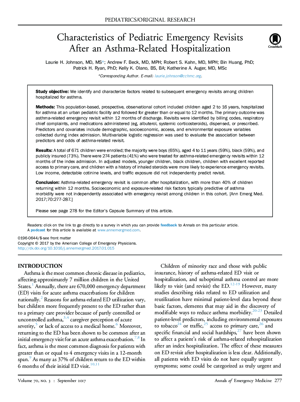 Characteristics of Pediatric Emergency Revisits After an Asthma-Related Hospitalization