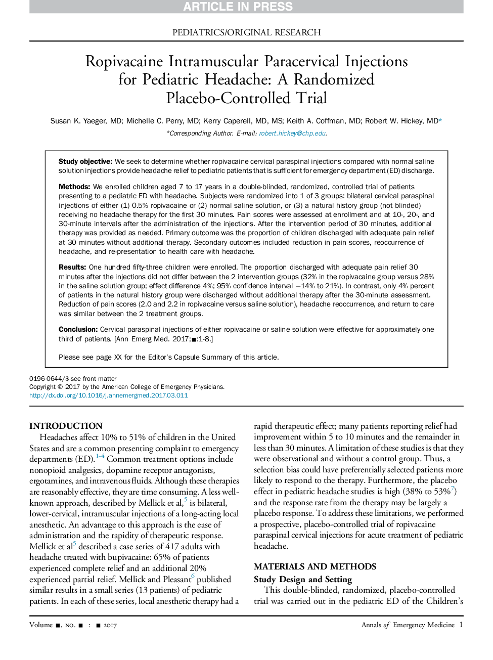 عکس صفحه اول مقاله: Ropivacaine Intramuscular Paracervical Injections for Pediatric Headache: A Randomized Placebo-Controlled Trial Ropivacaine Intramuscular Paracervical Injections for Pediatric Headache: A Randomized Placebo-Controlled Trial