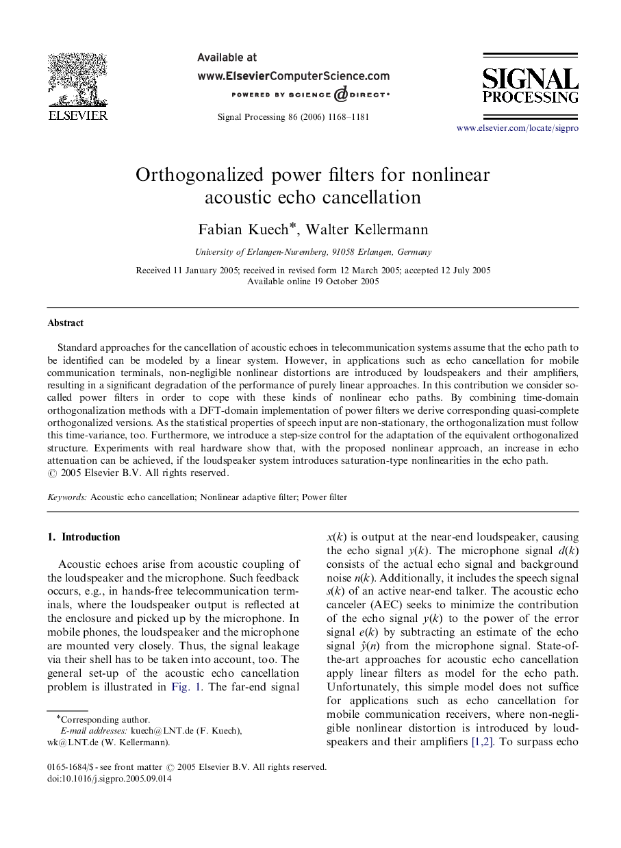 Orthogonalized power filters for nonlinear acoustic echo cancellation