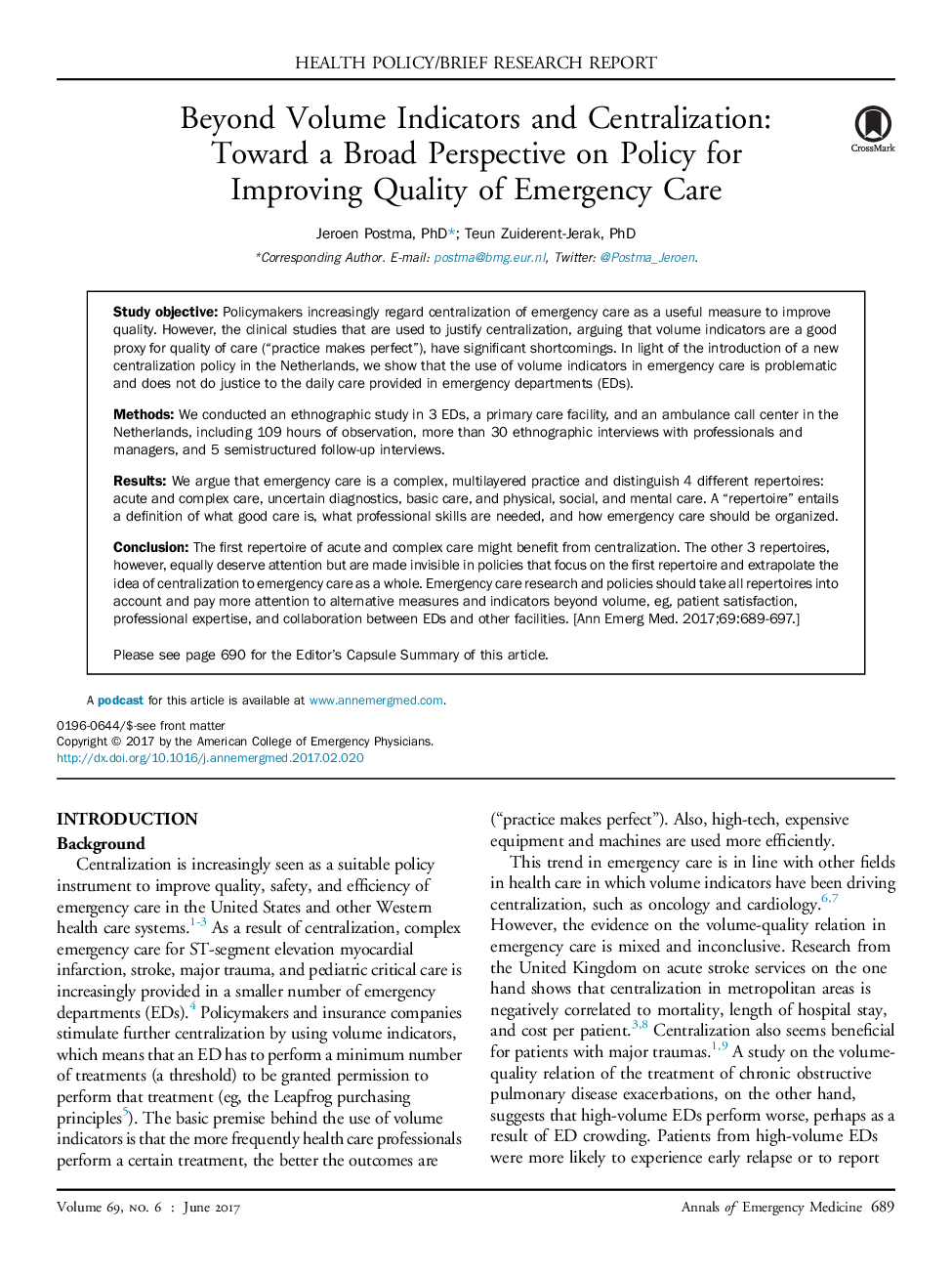 Beyond Volume Indicators and Centralization: Toward a Broad Perspective on Policy for Improving Quality of Emergency Care