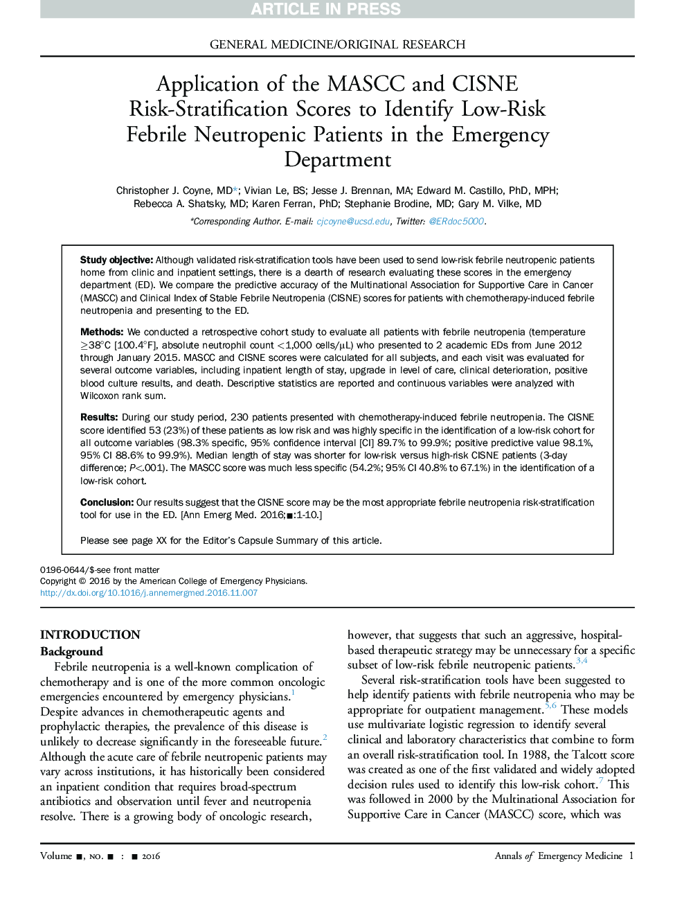 Application of the MASCC and CISNE Risk-Stratification Scores to Identify Low-Risk Febrile Neutropenic Patients in the Emergency Department