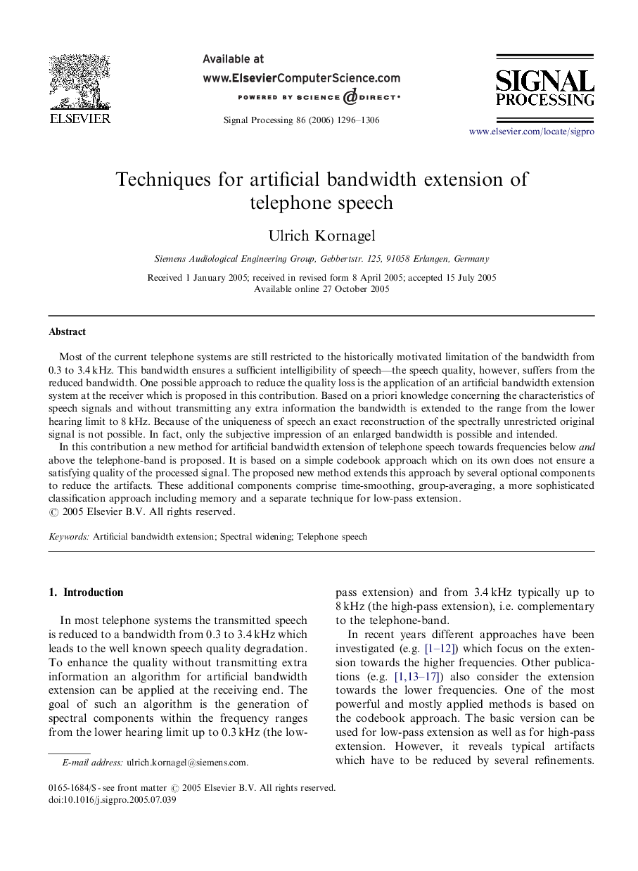 Techniques for artificial bandwidth extension of telephone speech