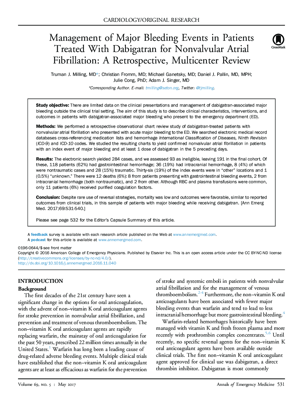 Management of Major Bleeding Events in Patients Treated With Dabigatran for Nonvalvular Atrial Fibrillation: A Retrospective, Multicenter Review