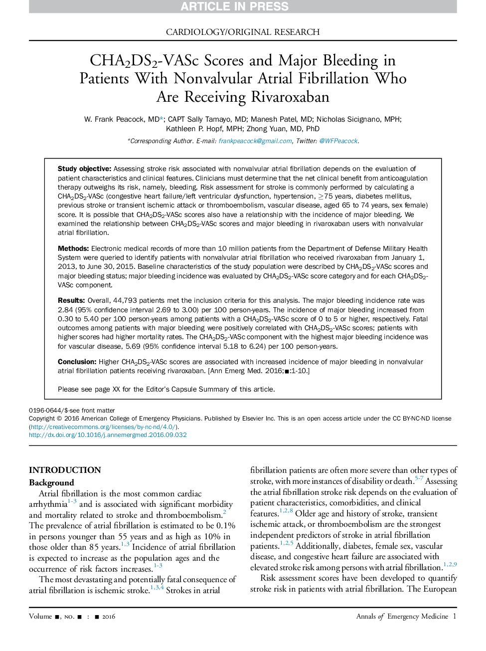 عکس صفحه اول مقاله: CHA2DS2-VASc Scores and Major Bleeding in Patients With Nonvalvular Atrial Fibrillation Who Are Receiving Rivaroxaban CHA2DS2-VASc Scores and Major Bleeding in Patients With Nonvalvular Atrial Fibrillation Who Are Receiving Rivaroxaban