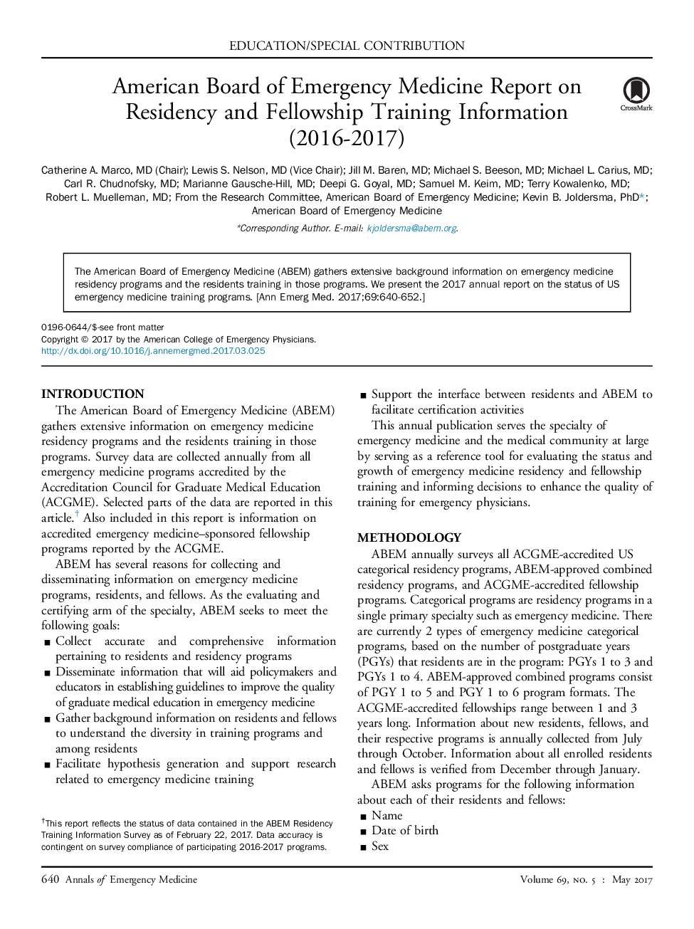 American Board of Emergency Medicine Report on Residency and Fellowship Training Information (2016-2017)