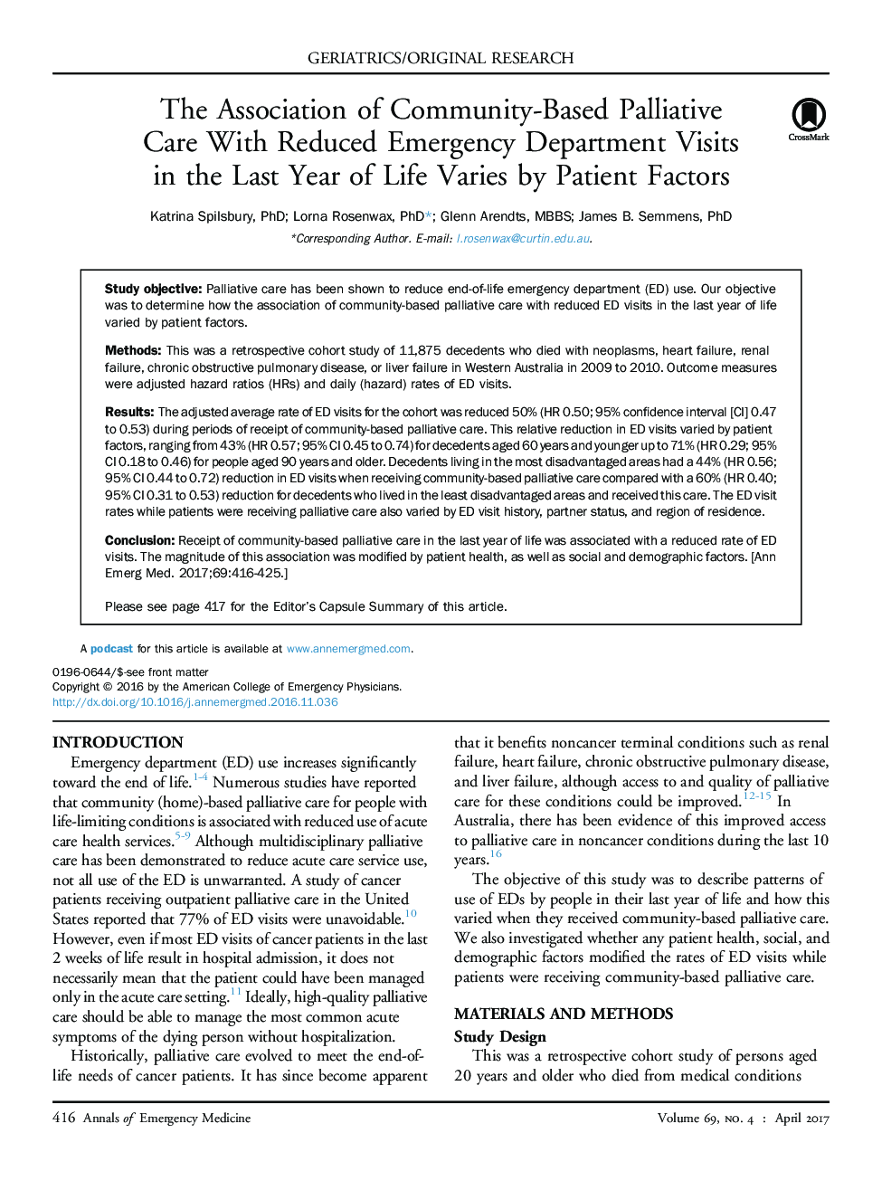 The Association of Community-Based Palliative Care With Reduced Emergency Department Visits in the Last Year of Life Varies by Patient Factors
