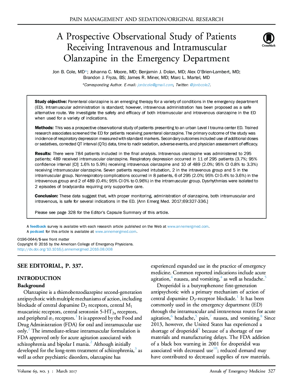 A Prospective Observational Study of Patients Receiving Intravenous and Intramuscular Olanzapine in the Emergency Department