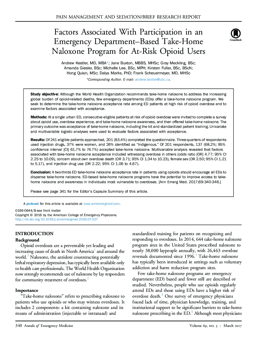 Factors Associated With Participation in an Emergency Department-Based Take-Home Naloxone Program for At-Risk Opioid Users