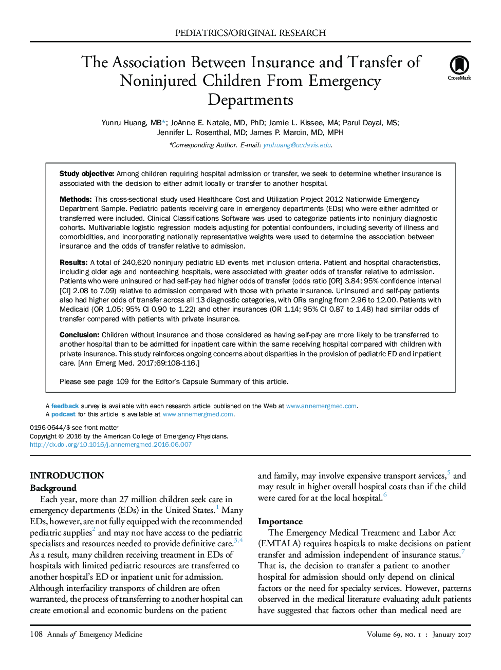 The Association Between Insurance and Transfer of Noninjured Children From Emergency Departments