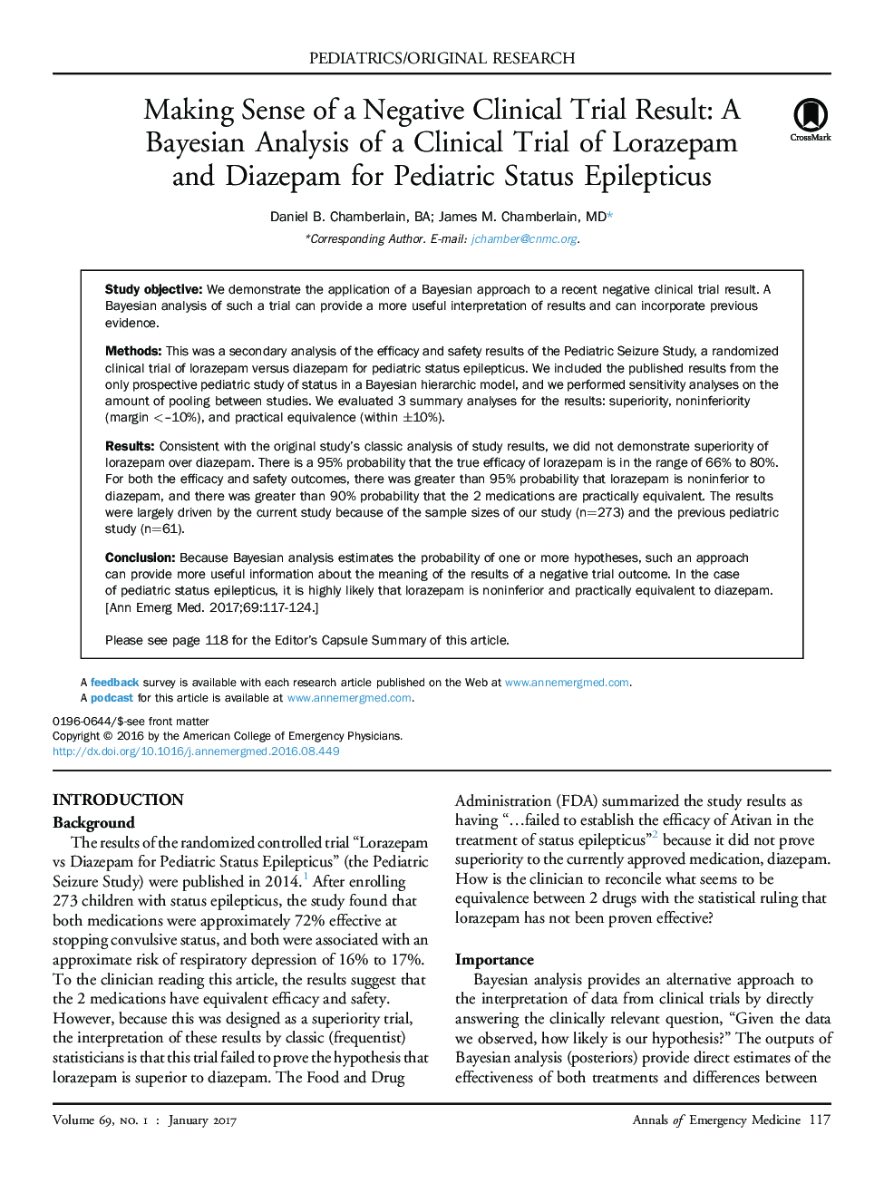 Making Sense of a Negative Clinical Trial Result: A Bayesian Analysis of a Clinical Trial of Lorazepam and Diazepam for Pediatric Status Epilepticus