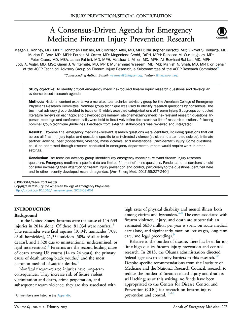 A Consensus-Driven Agenda for Emergency Medicine Firearm Injury Prevention Research