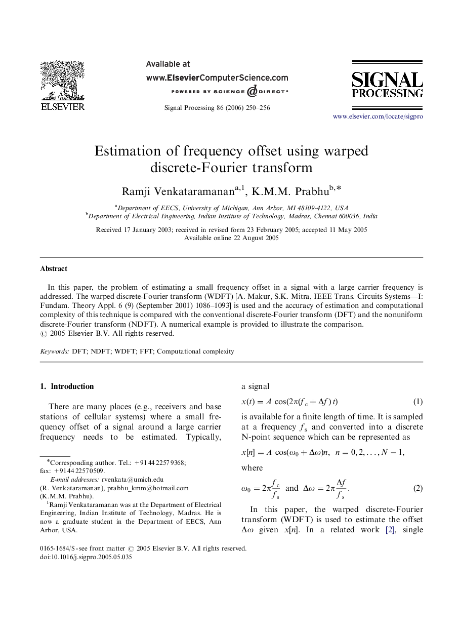 Estimation of frequency offset using warped discrete-Fourier transform