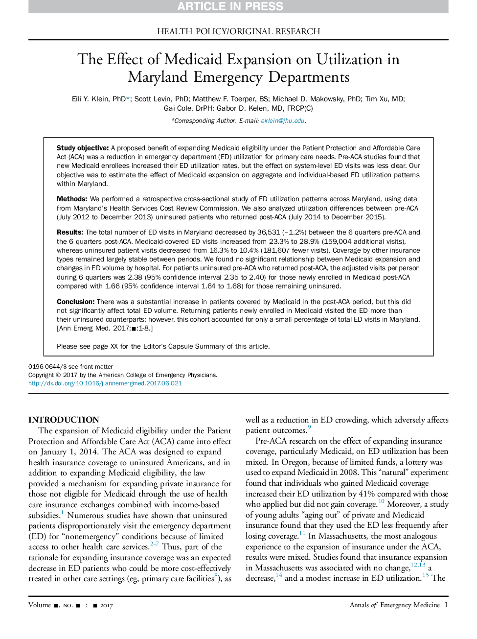 عکس صفحه اول مقاله: The Effect of Medicaid Expansion on Utilization in Maryland Emergency Departments The Effect of Medicaid Expansion on Utilization in Maryland Emergency Departments