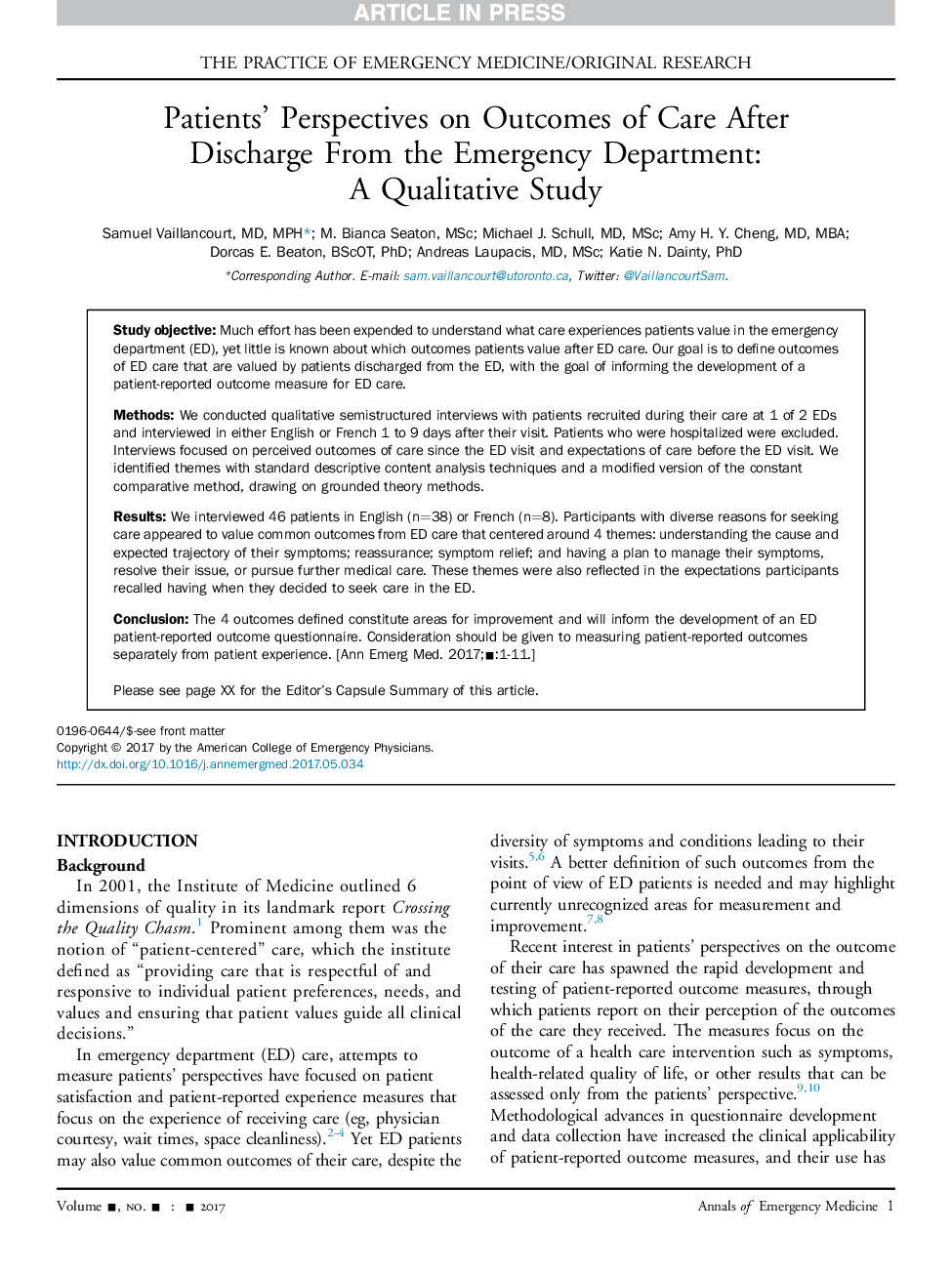 Patients' Perspectives on Outcomes of Care After Discharge From the Emergency Department: AÂ Qualitative Study