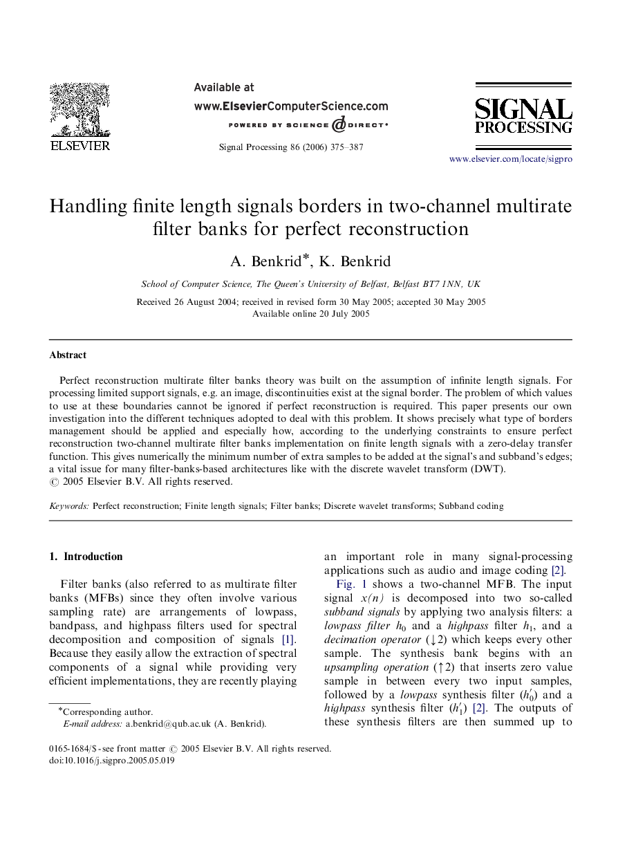 Handling finite length signals borders in two-channel multirate filter banks for perfect reconstruction