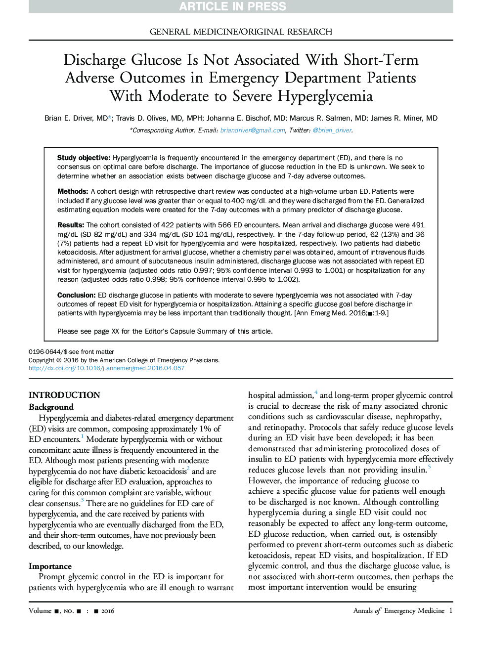 Discharge Glucose Is Not Associated With Short-Term Adverse Outcomes in Emergency Department Patients With Moderate to SevereÂ Hyperglycemia