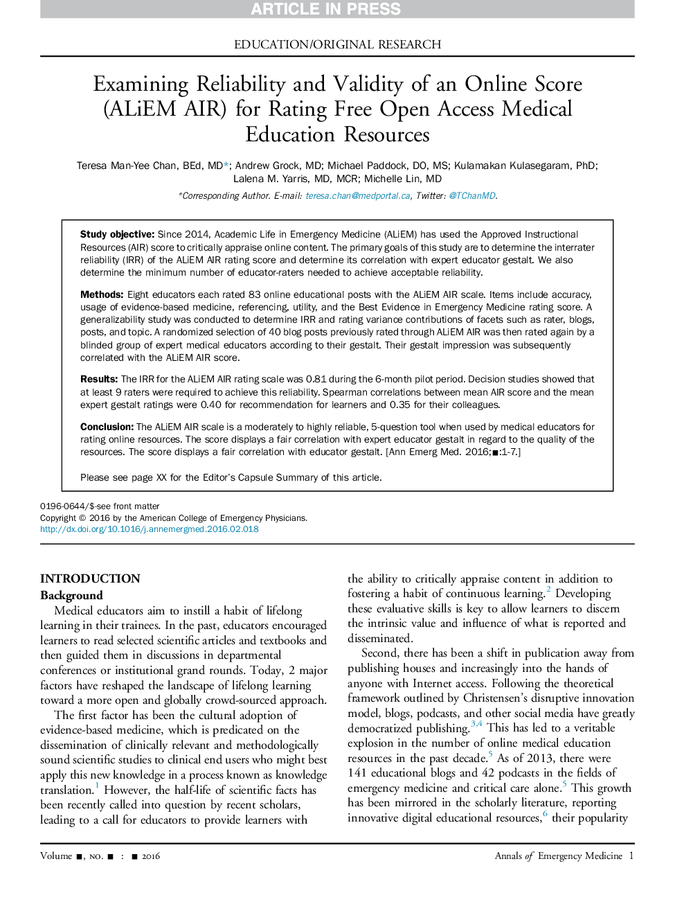 Examining Reliability and Validity of an Online Score (ALiEMÂ AIR) for Rating Free Open Access Medical EducationÂ Resources