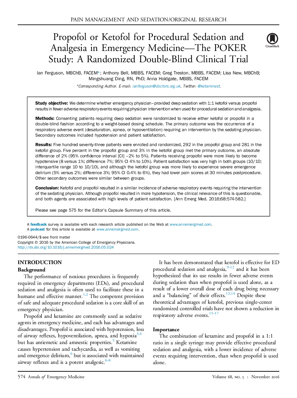 Propofol or Ketofol for Procedural Sedation and Analgesia in Emergency Medicine-The POKER Study: A Randomized Double-Blind Clinical Trial