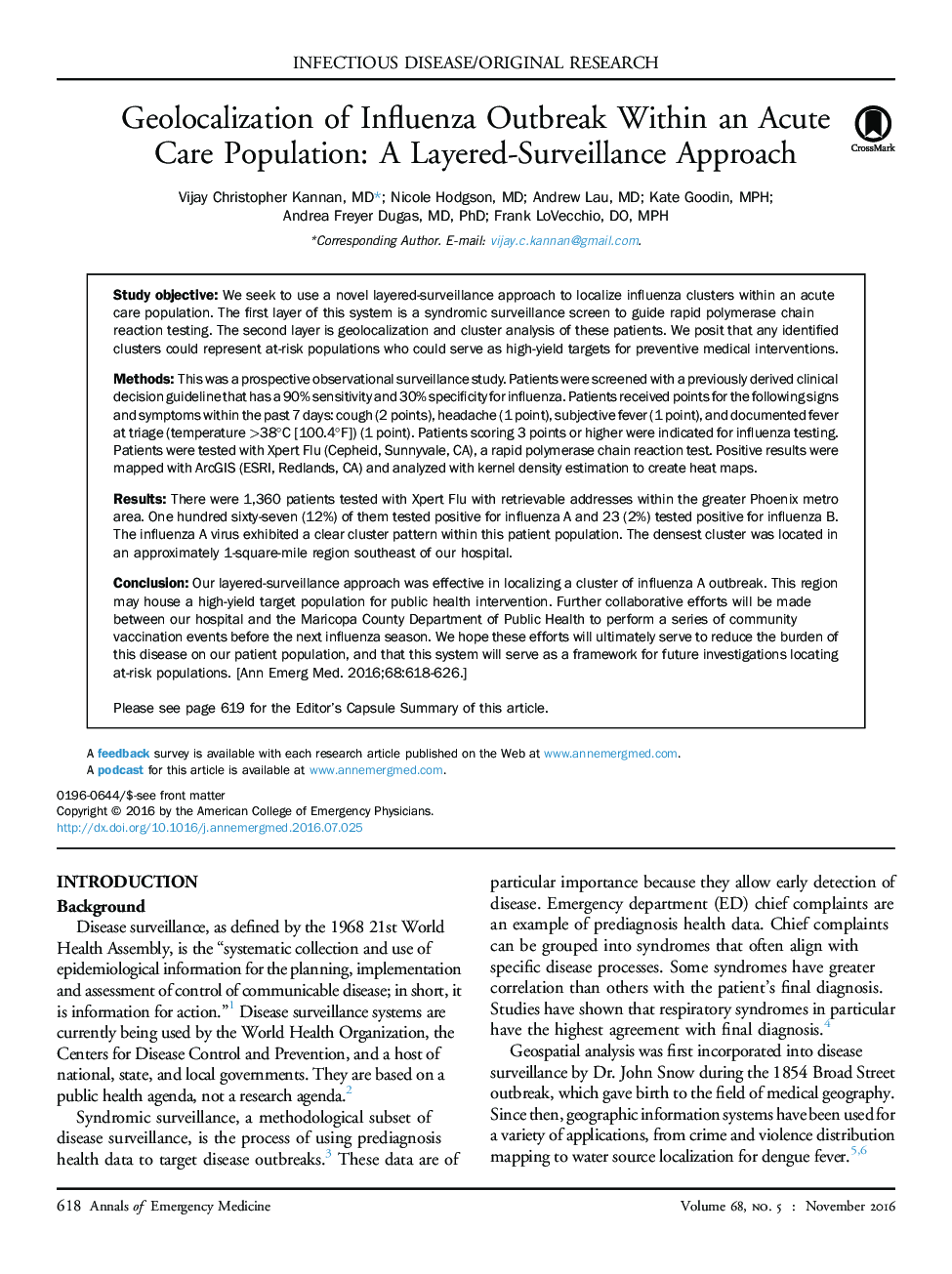 Geolocalization of Influenza Outbreak WithinÂ anÂ Acute Care Population: A Layered-Surveillance Approach