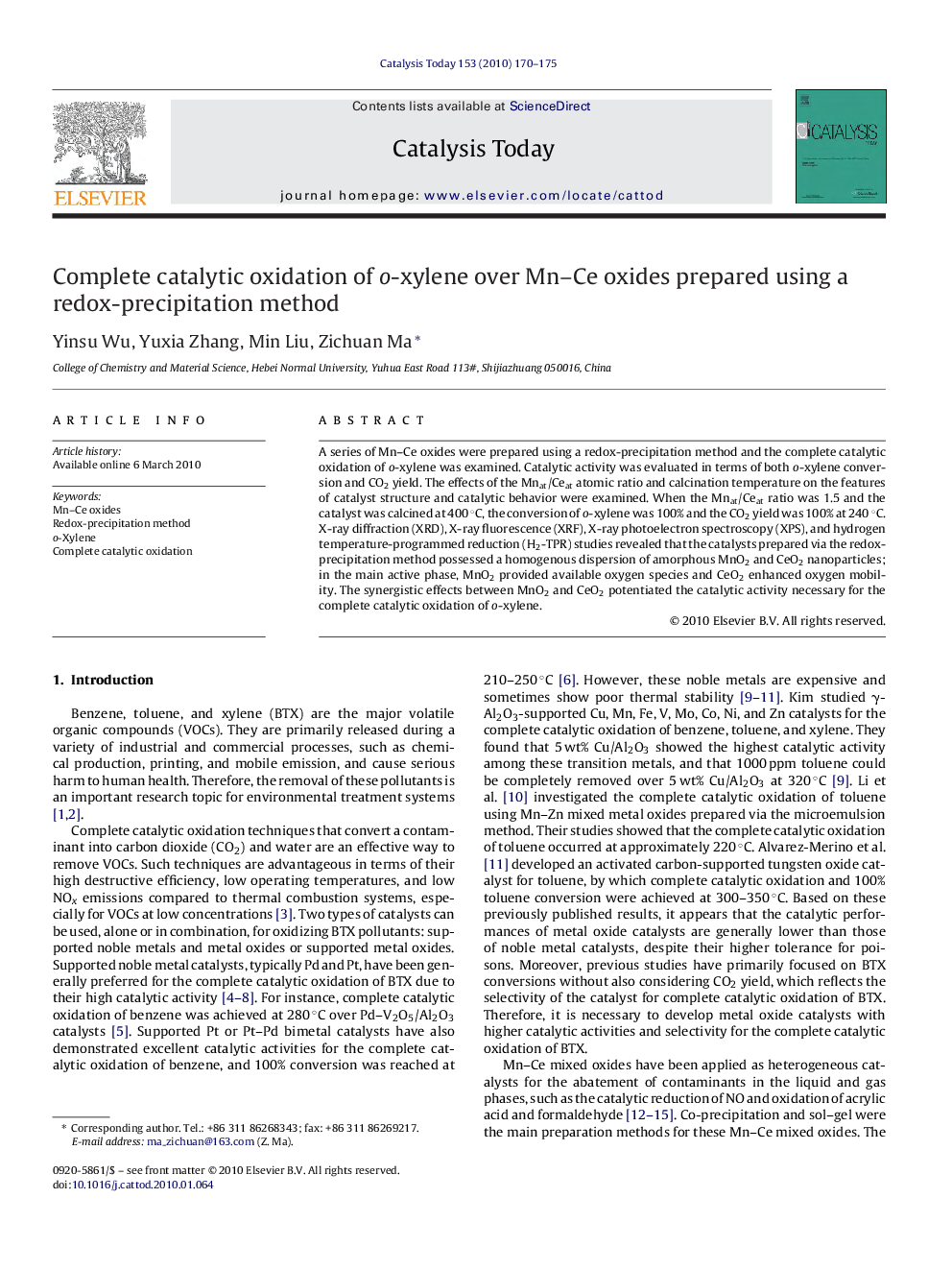 Complete catalytic oxidation of o-xylene over Mn–Ce oxides prepared using a redox-precipitation method